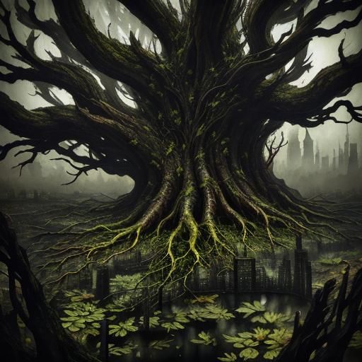 Surreal Root Creature in Dystopian Double Exposure