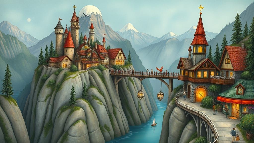 Whimsical Mountain Villages with a Majestic Bridge