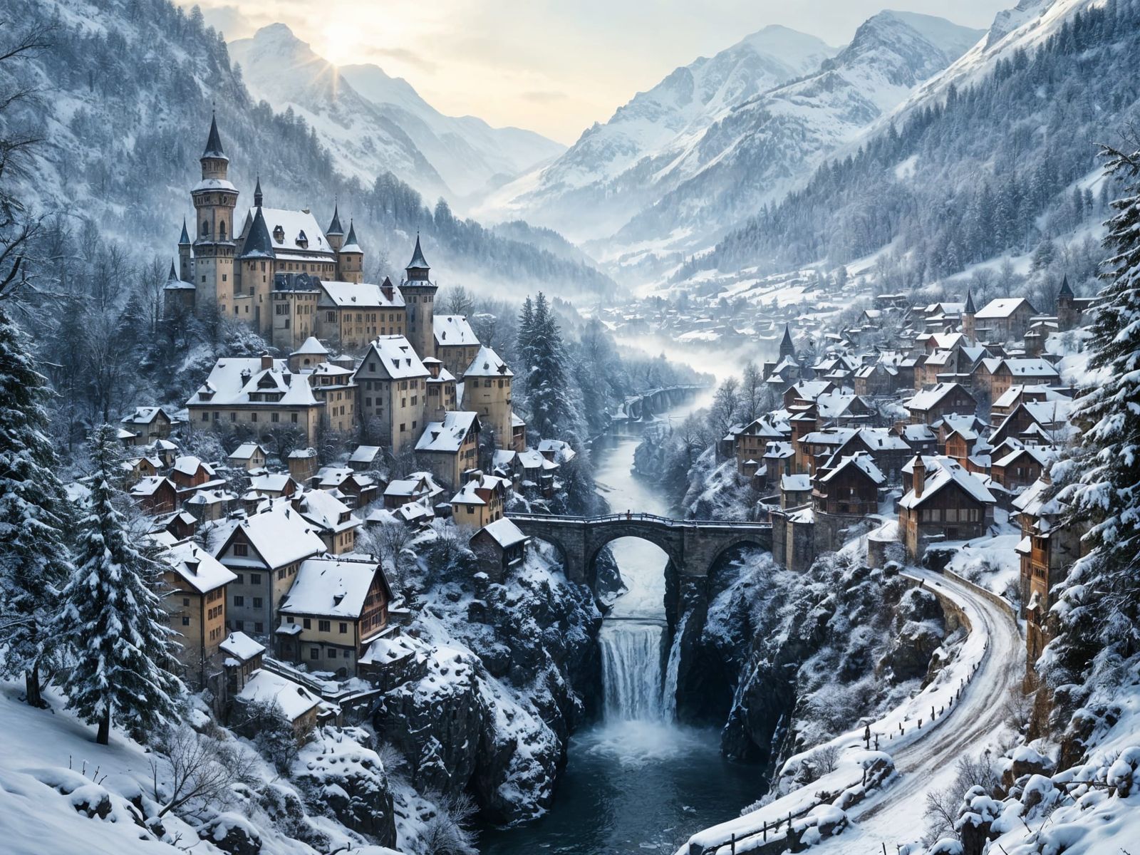 Majestic Winter Village and Castle in Snowy Mountains