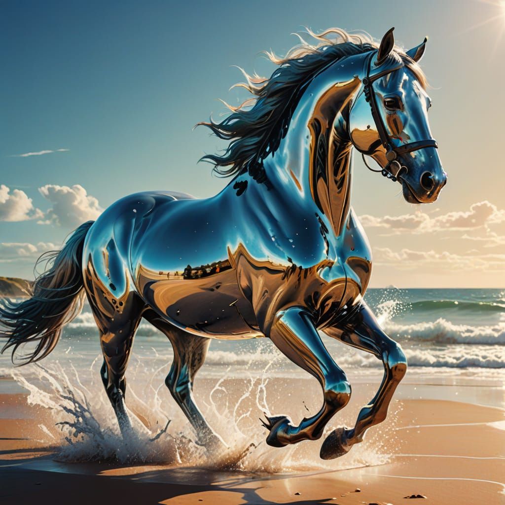 Chrome Stallion Galloping on Beach in Digital Art