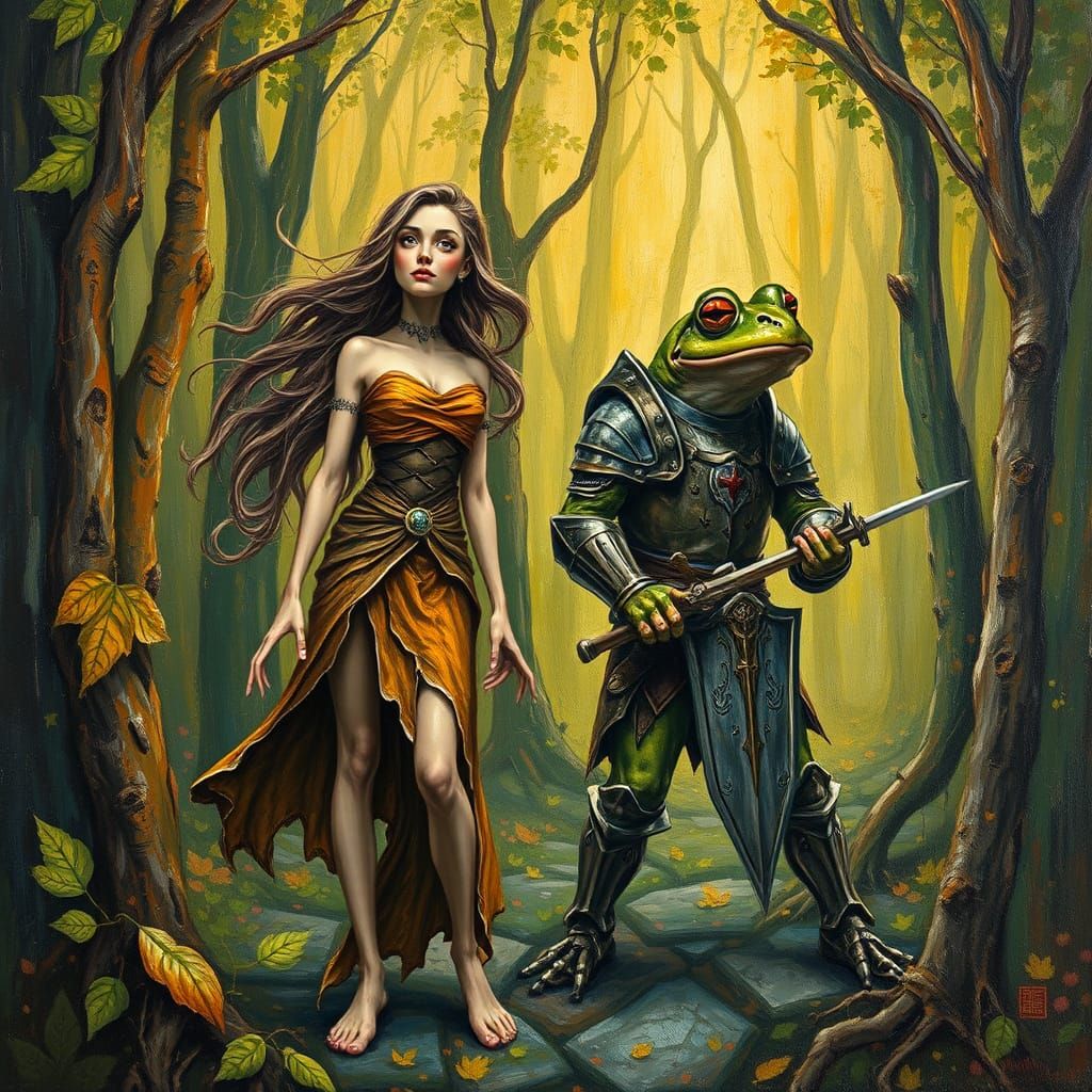 Impasto Oil Painting of a Willowy Dryad and Frog Warrior