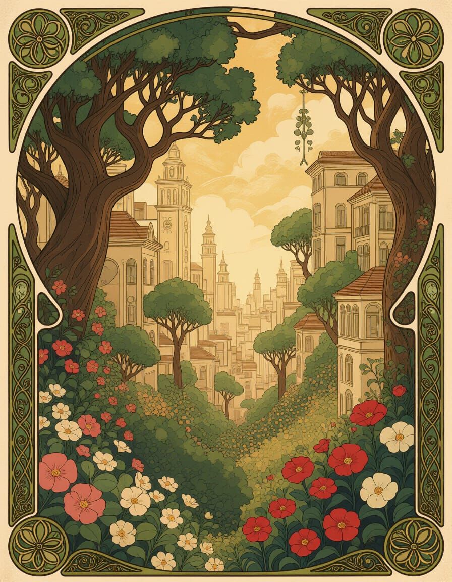 Surreal Art Nouveau Cityscape With Integrated Nature