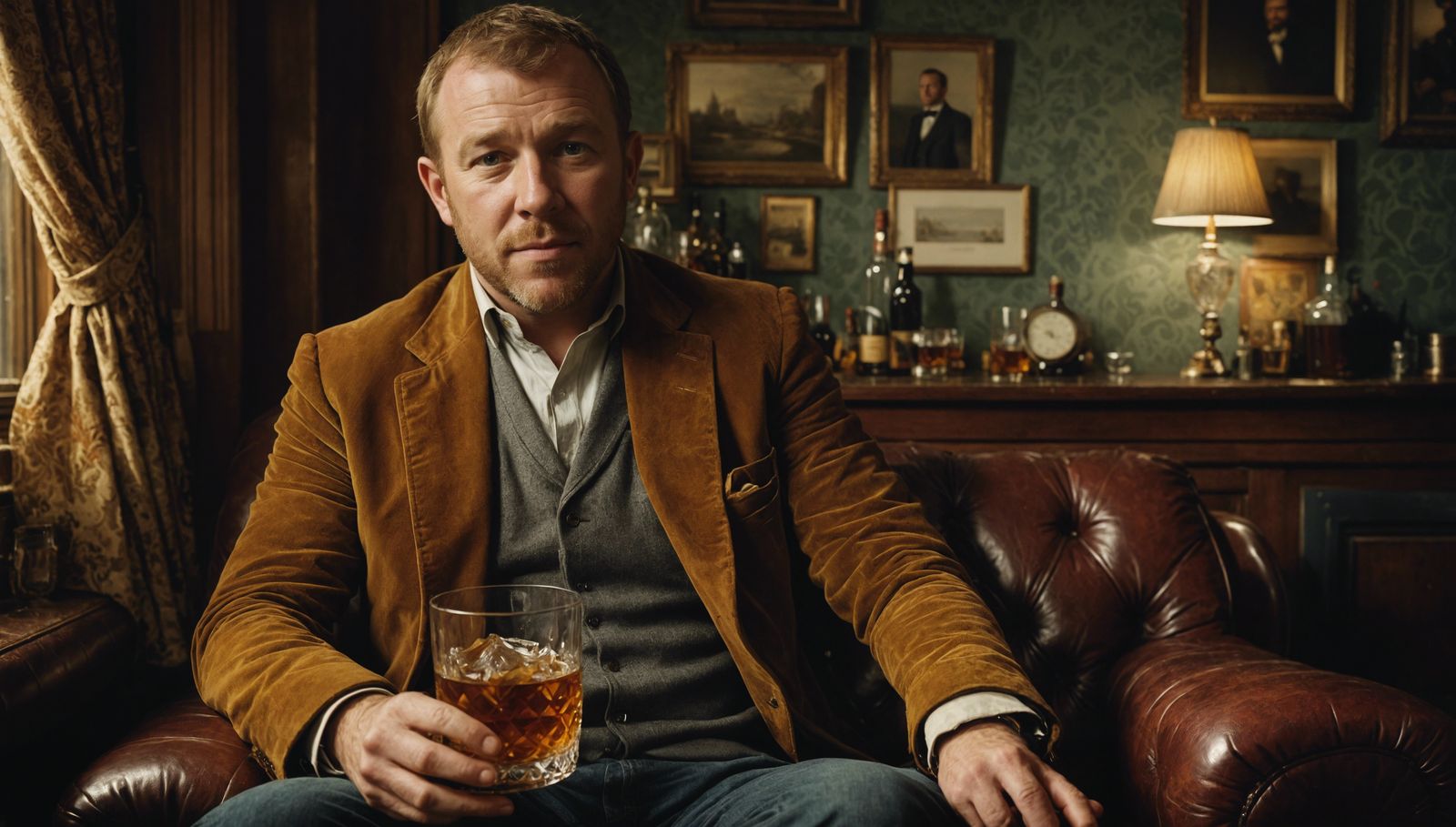 guy ritchie in his 30's, sitting on an old brittish sofa, ho...