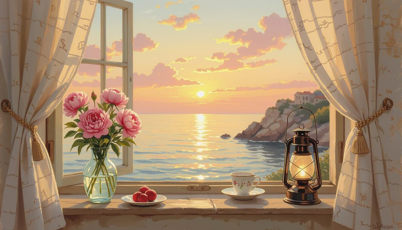 Seaside Sunset Through Open Window in Shabby Chic Style