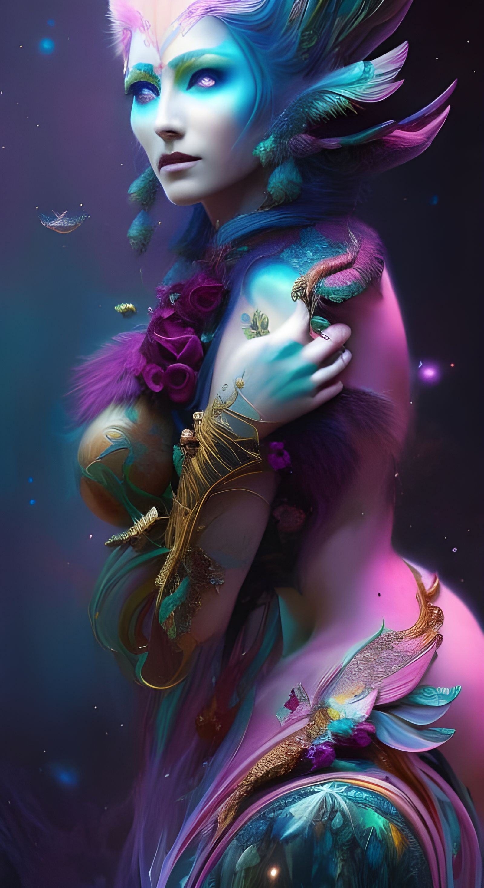 Bioluminescent Galaxy Woman with Wings in Fantasycore Style