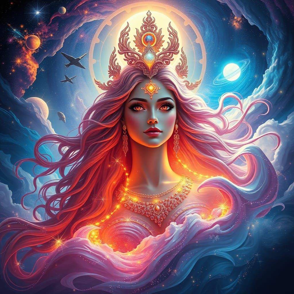 Cosmic Goddess with Divine Powers in Dreamlike Setting
