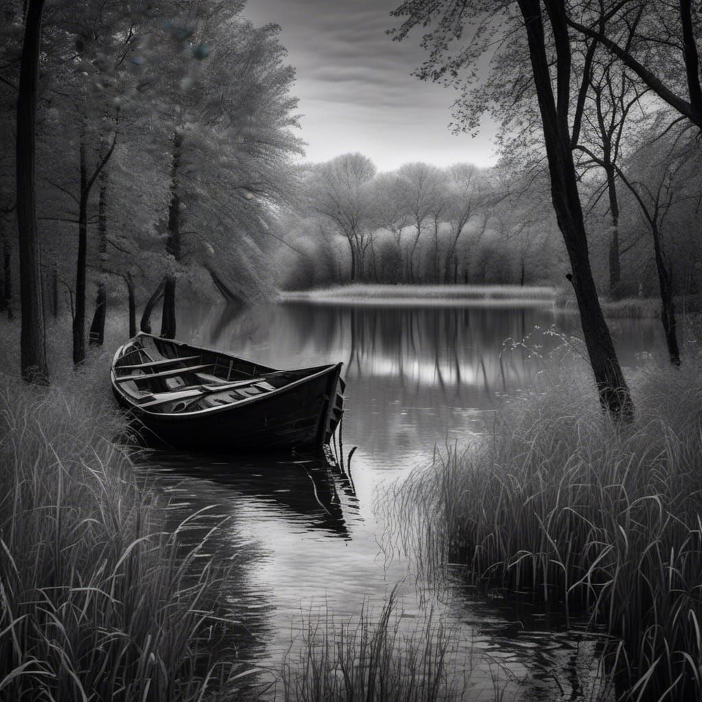 Monochrome Fishing Boat on Lake at Full Moon