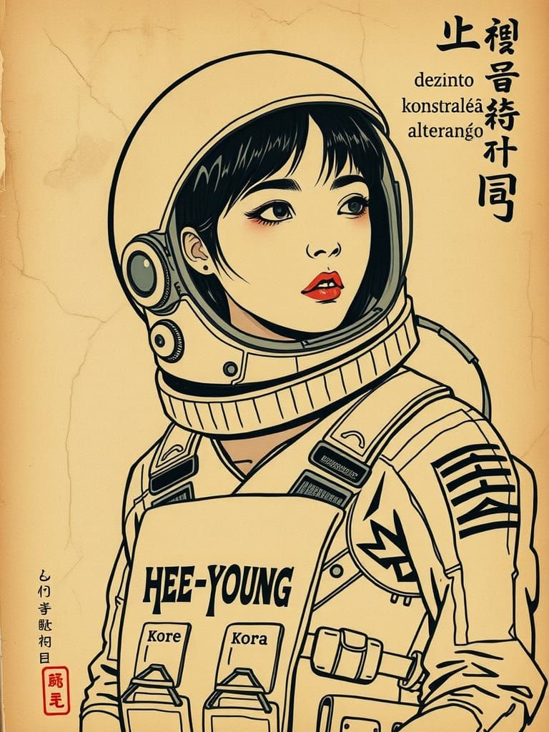 Ukiyo-e Astronaut Girl Wanted Poster in Sepia Tones
