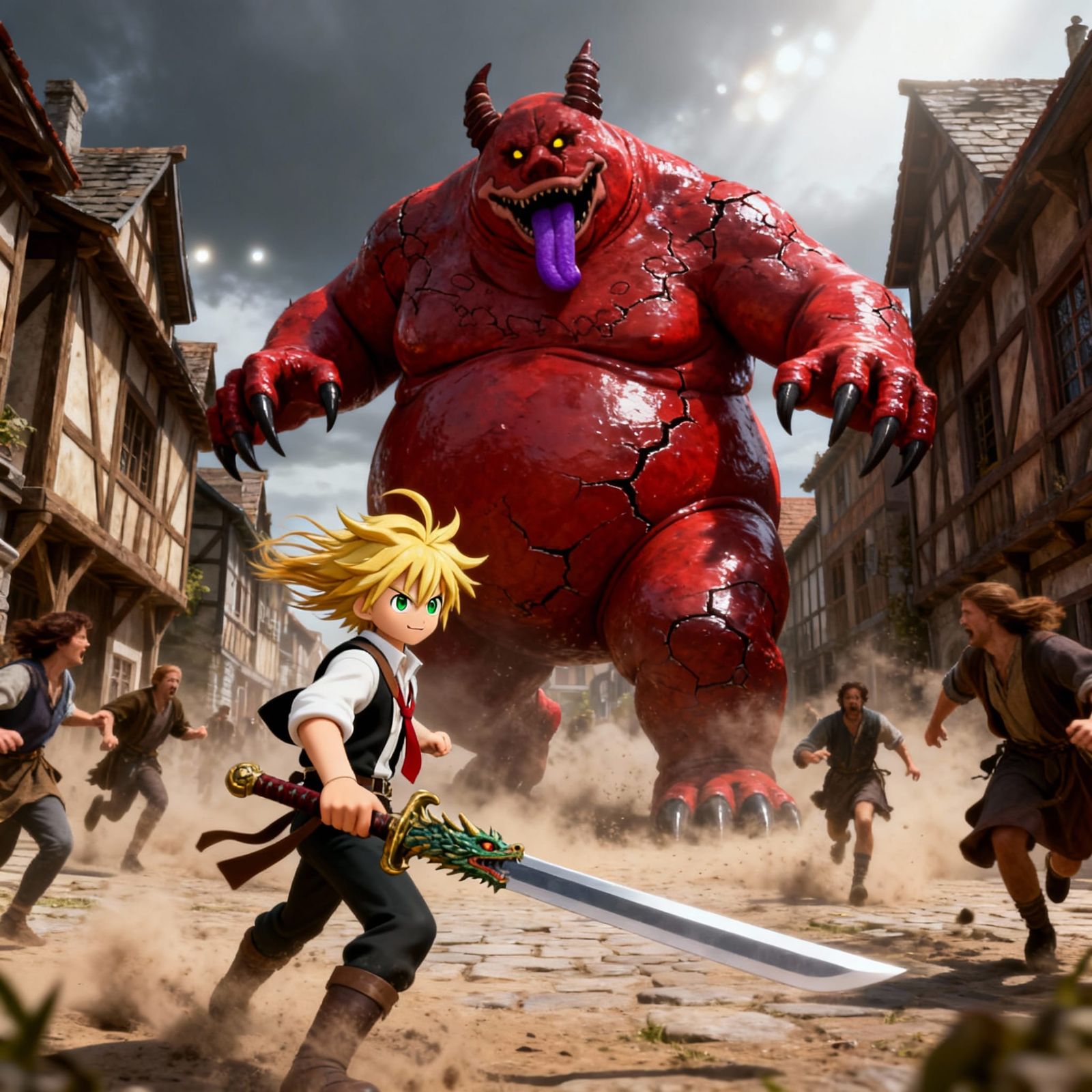 Demon vs Hero Medieval Town Confrontation CGI Style