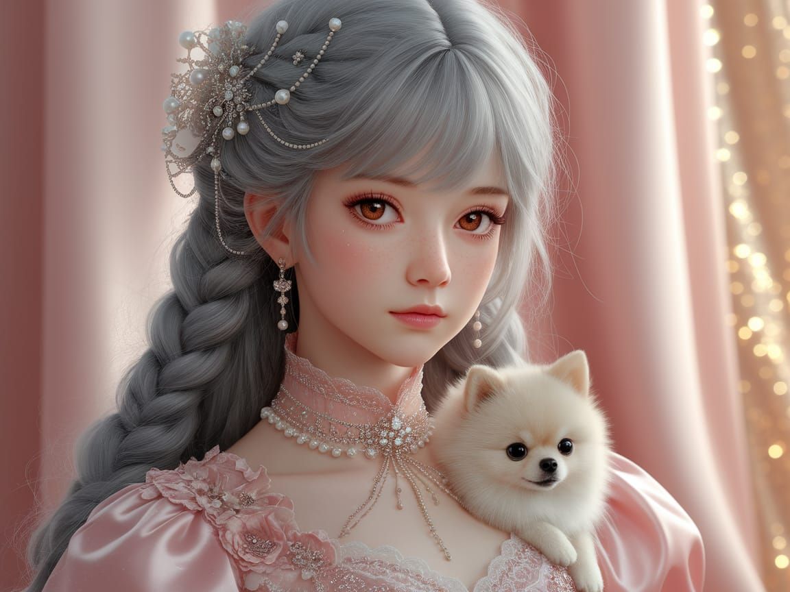Girl with Braided Silver Hair and Pomeranian Portrait