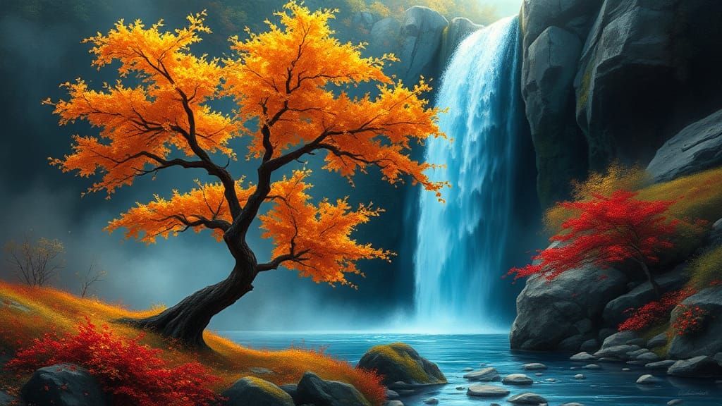 Autumn Tree by Blue Waterfall: Digital Fantasy Oil Painting