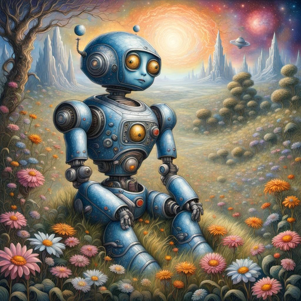 Robot's Lament: Surrealist Sci-Fi Landscape