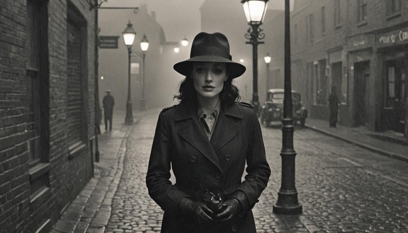Film Noir Figure in Trench Coat by Gas Lamp