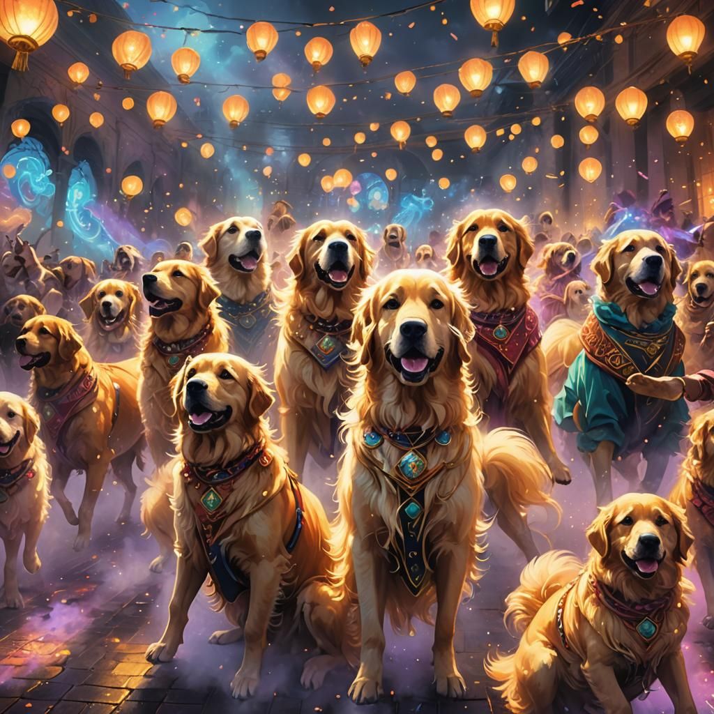 Golden Retrievers Rave in Renaissance Anime Style