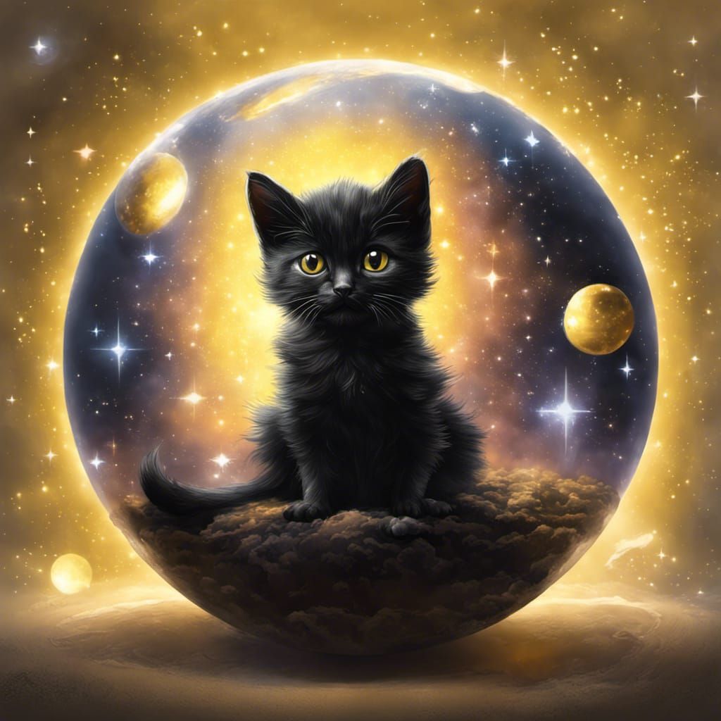 Celestial Kitten on Yellow Sphere, Digital Art