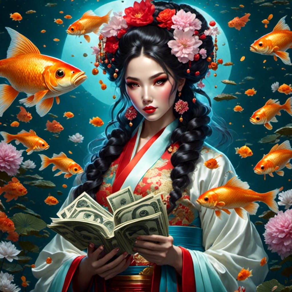 Happy Geisha Surrounded by Goldfish Holding Money
