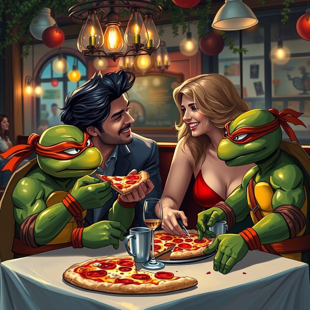 Ninja Turtles Enjoy Pizza in Italian Restaurant