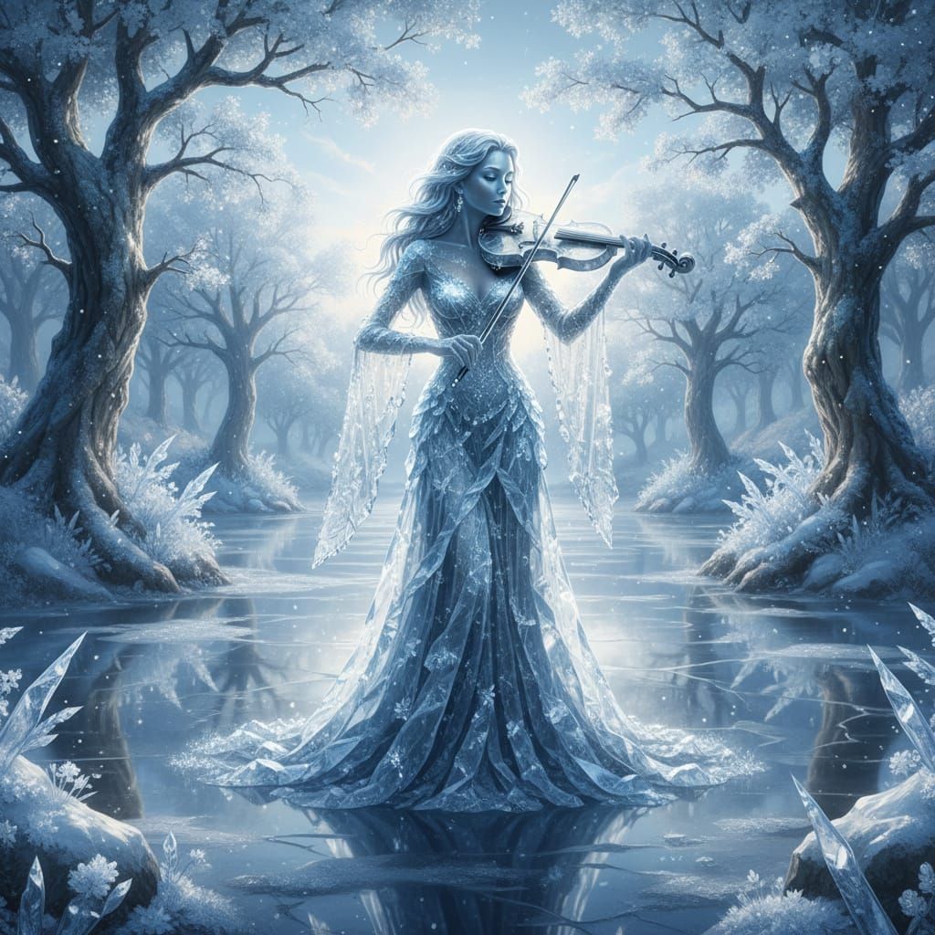 Ice Violinist at Frozen Pond in Winter Dawn