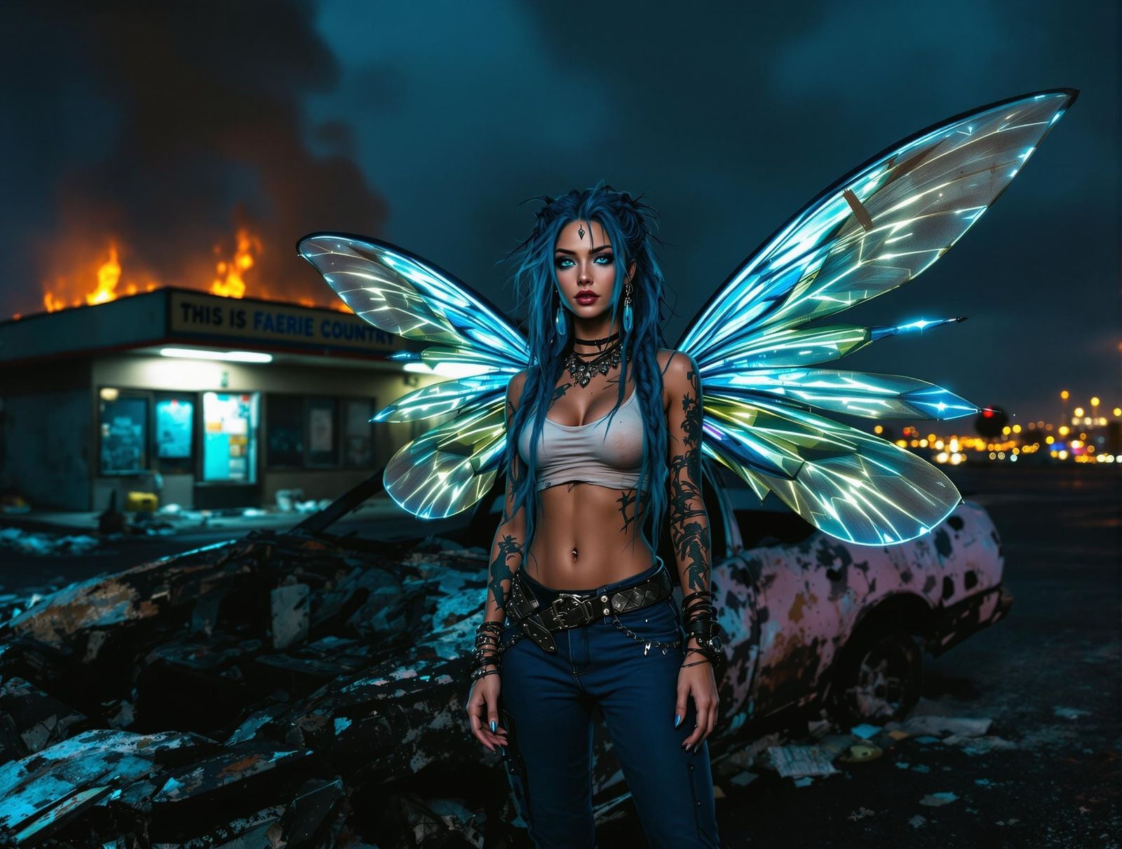 Cyberpunk Fairy Woman in Burning Cityscape