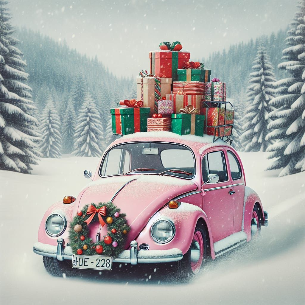 Festive Pink VW Beetle in Winter Wonderland