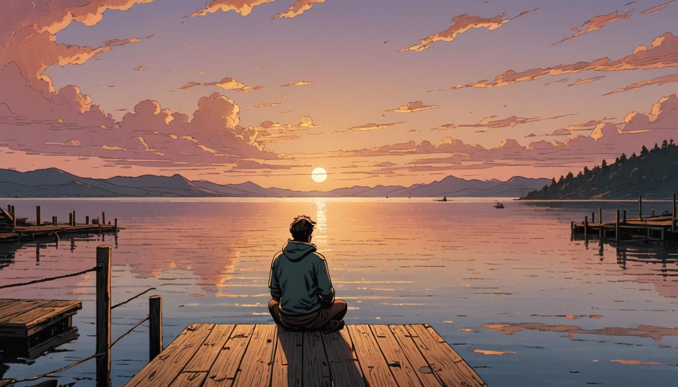 Serene Sunset Bay: Comic Book Art Illustration