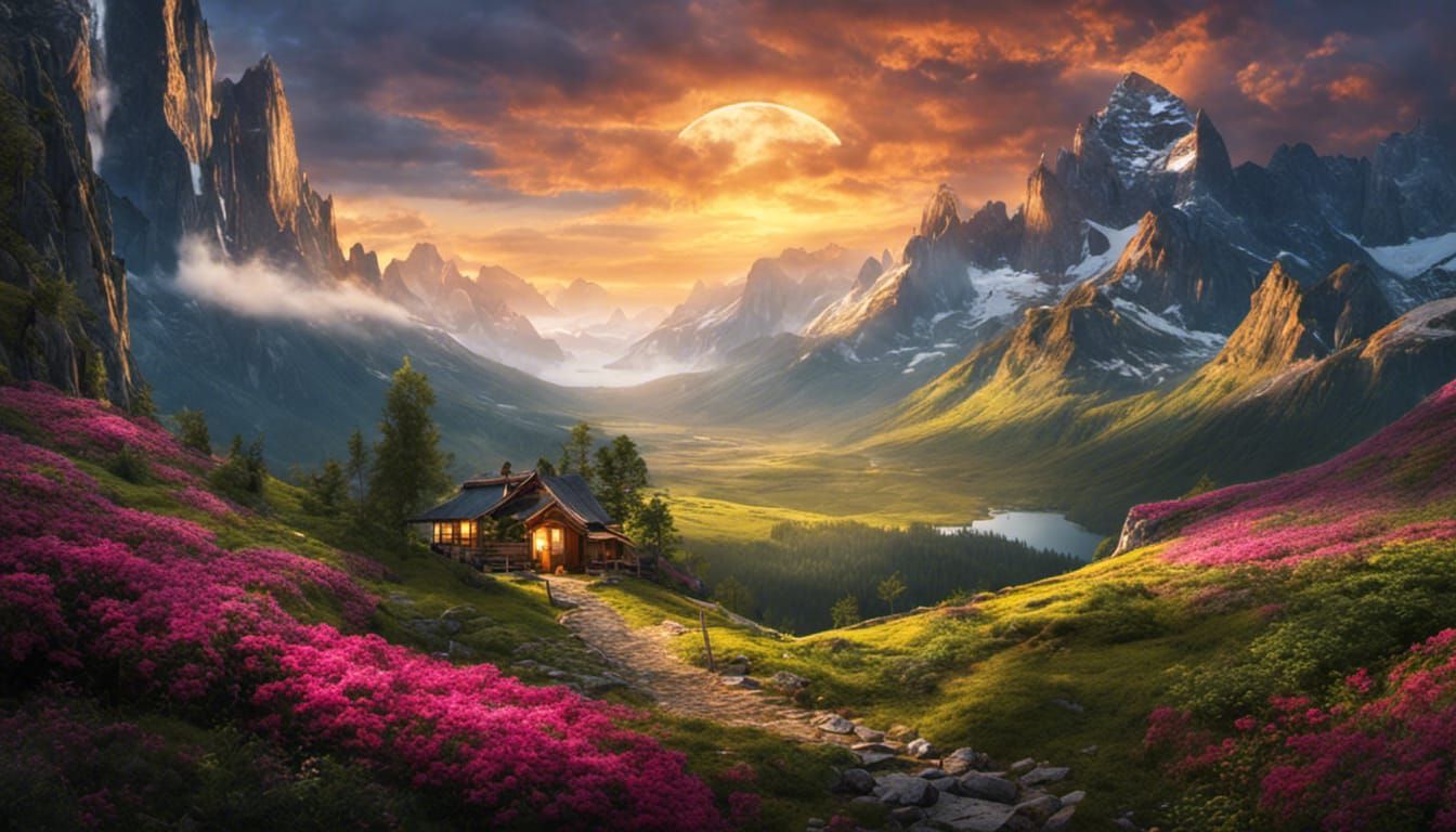 Spectacular Mountain Landscape Painting with Waterfalls