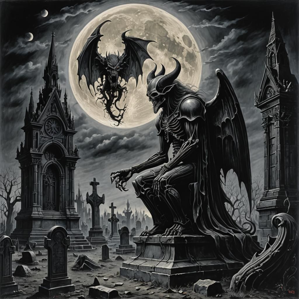 Demon Howling in Gothic Graveyard: Giger Style