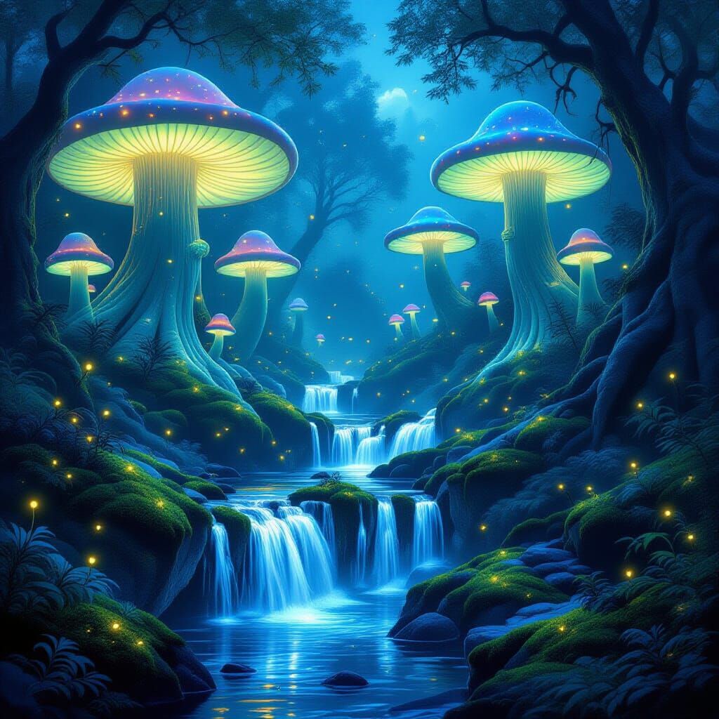 Bioluminescent Mushroom Forest at Twilight, Ethereal Light