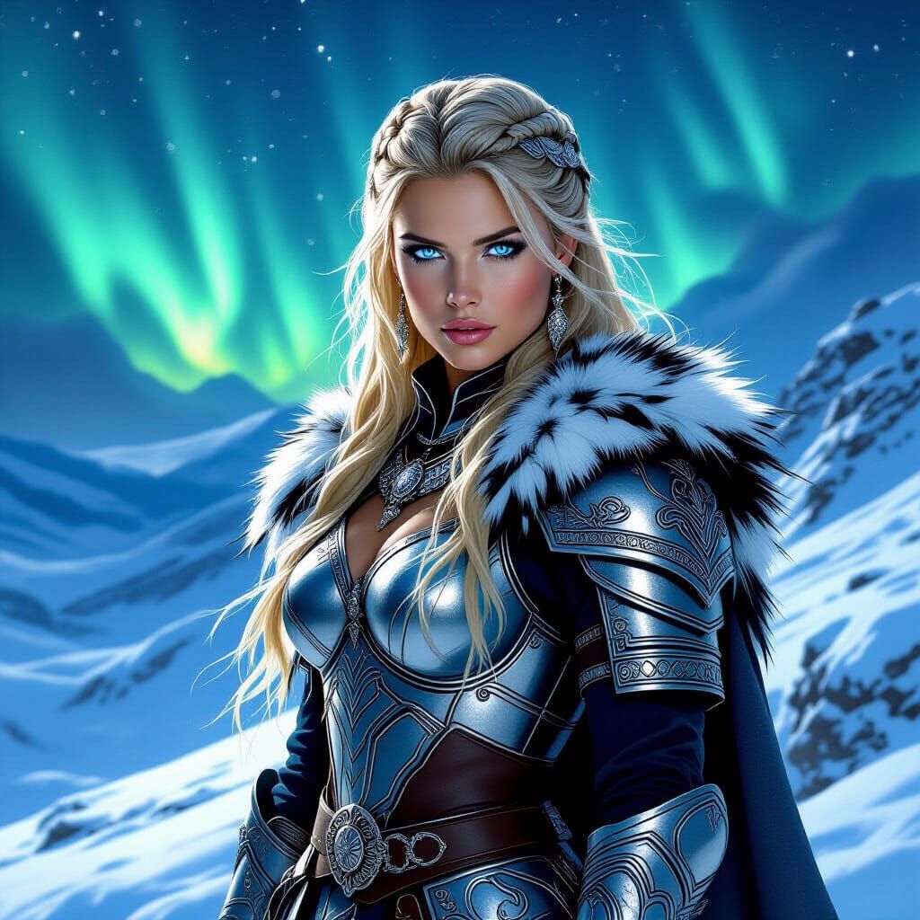 Viking Woman in Silver Armor Under Aurora Borealis