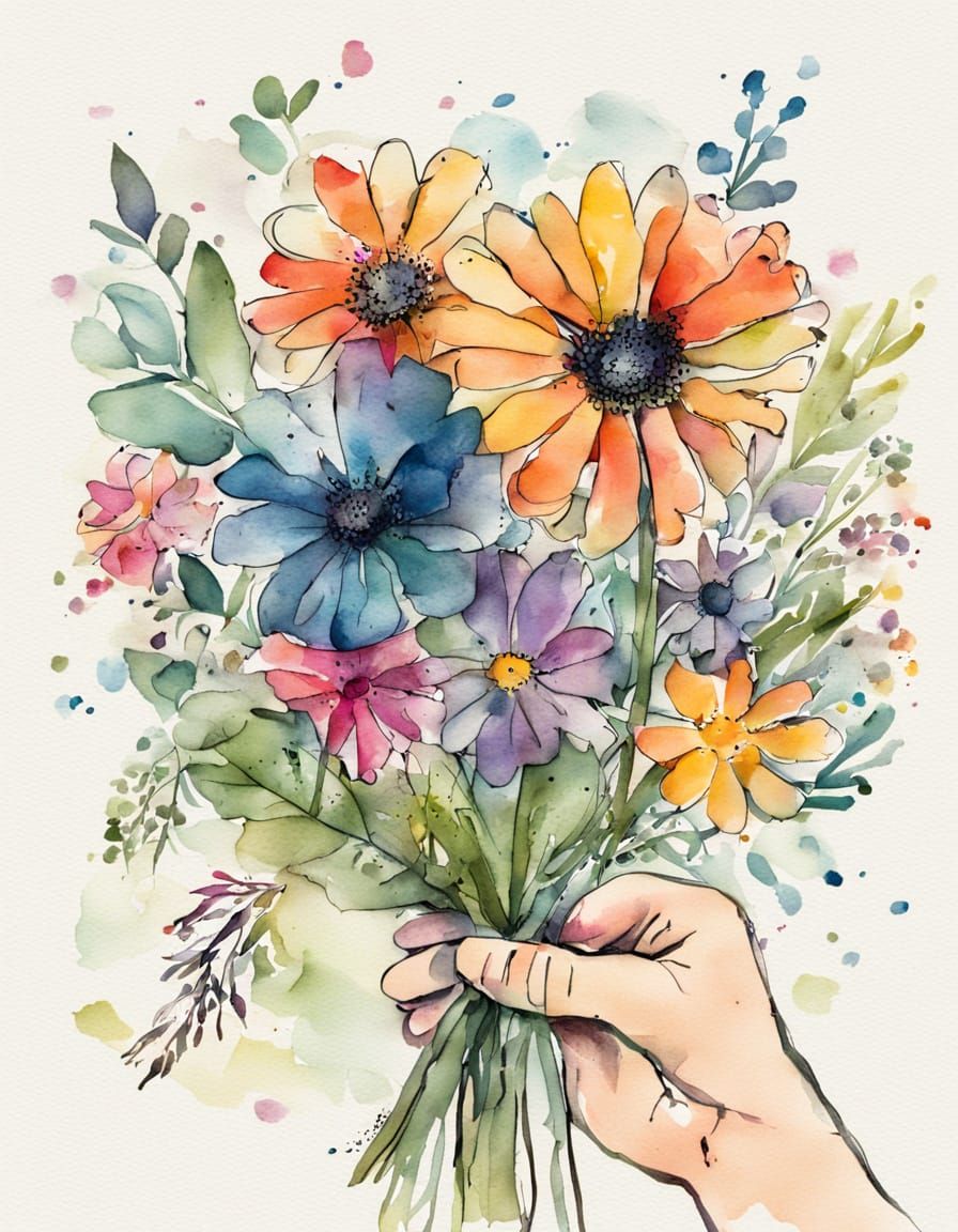 Whimsical Wildflower Bouquet in Modern Ink and Watercolor