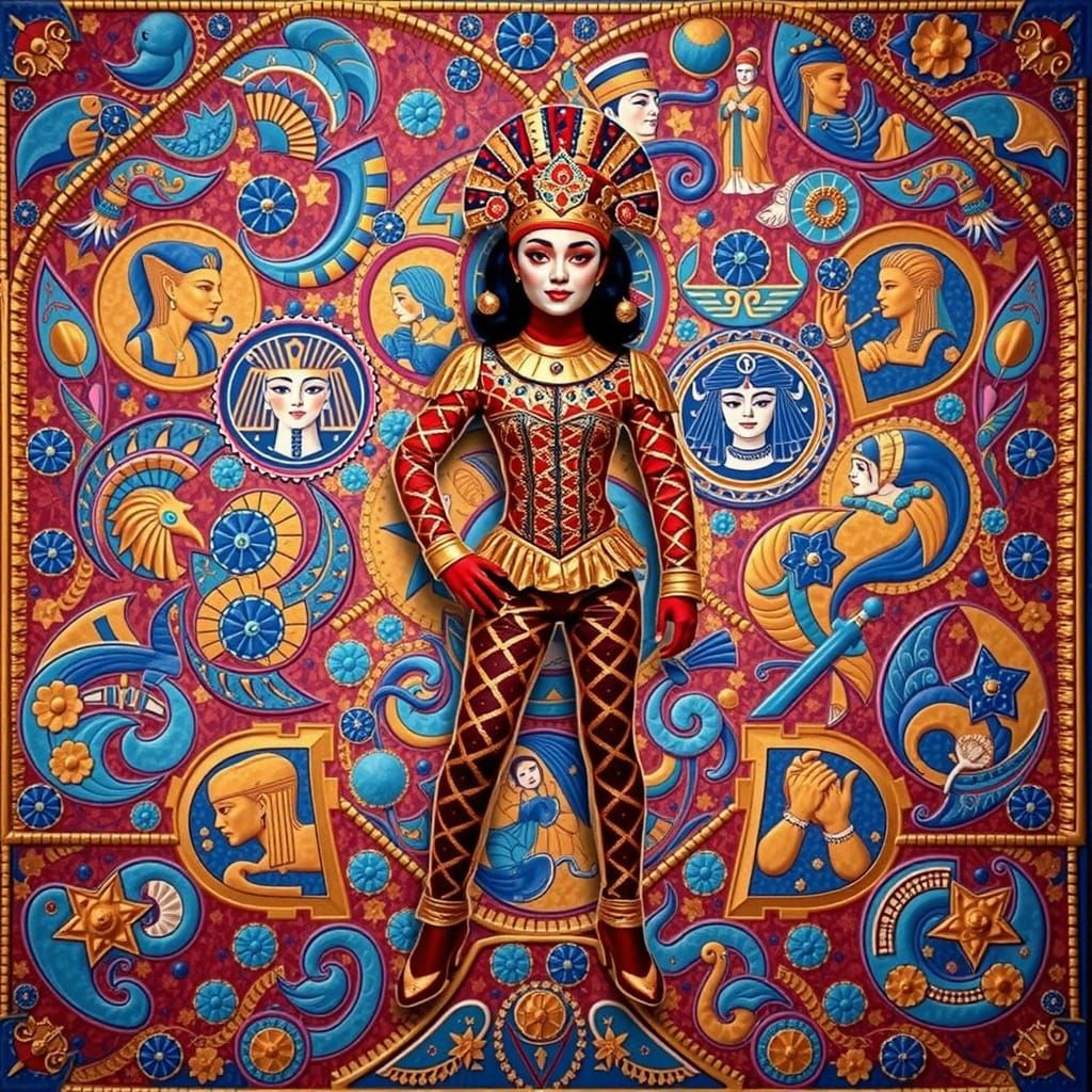 Harlequin, Geisha, and Tutankhamun in Photorealistic Full Bo...