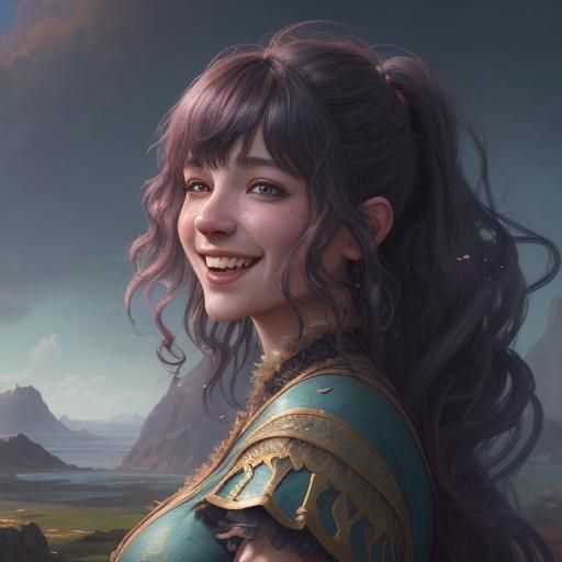 Fantasy Portrait of Laughing Woman in Detailed Landscape