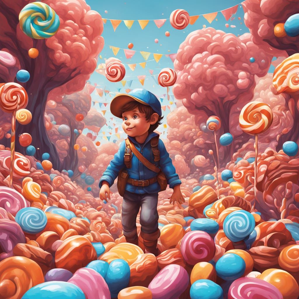 Happy Boy in Whimsical Candyland Gouache Art