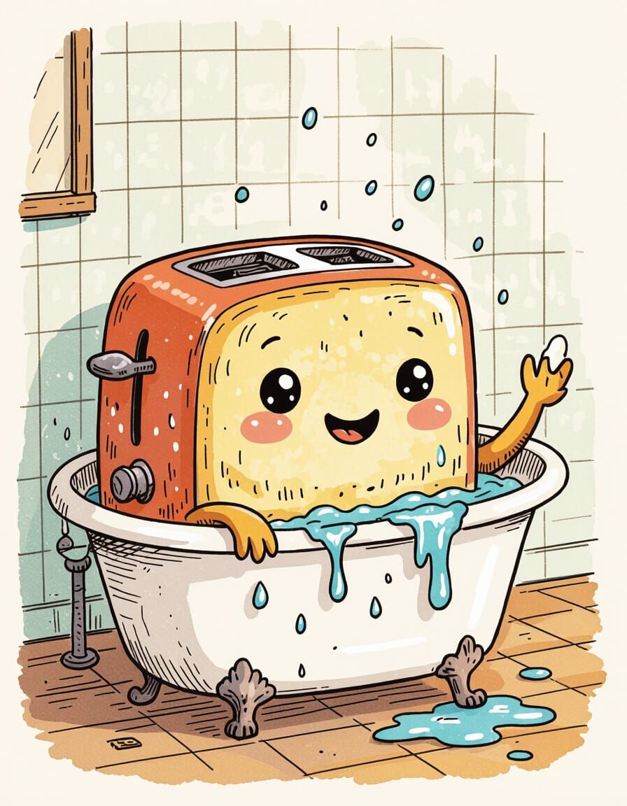 Whimsical Toaster Enjoys a Bath in Ink and Paint Style