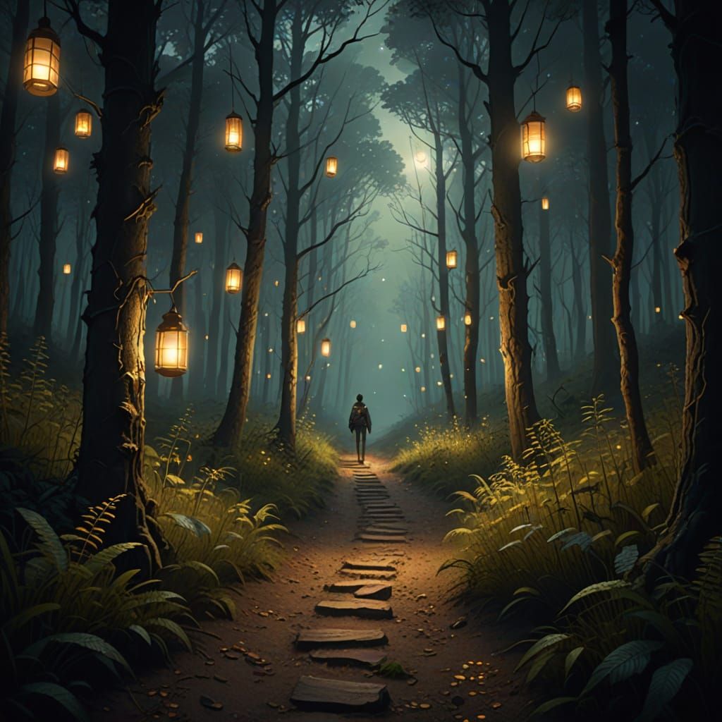 Lantern-Lit Forest Path at Night: Fantasy Art