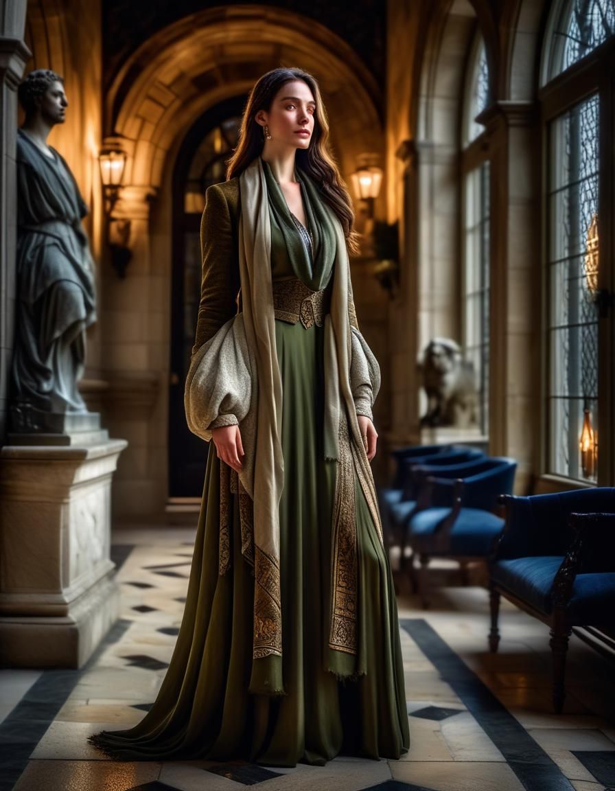 Noble Woman Enters Stone Manor in Atmospheric Lighting