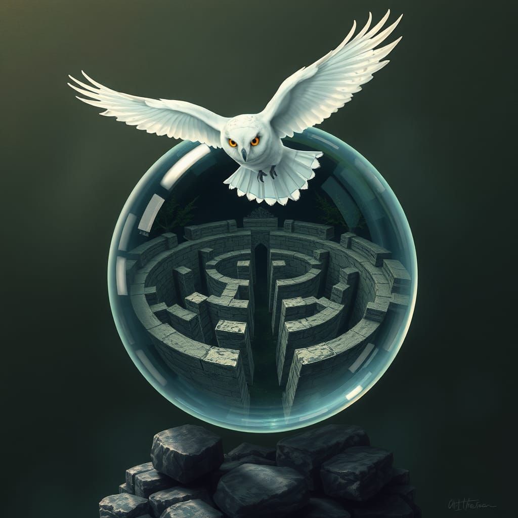 White Owl Over Crystal Ball Reflecting Maze