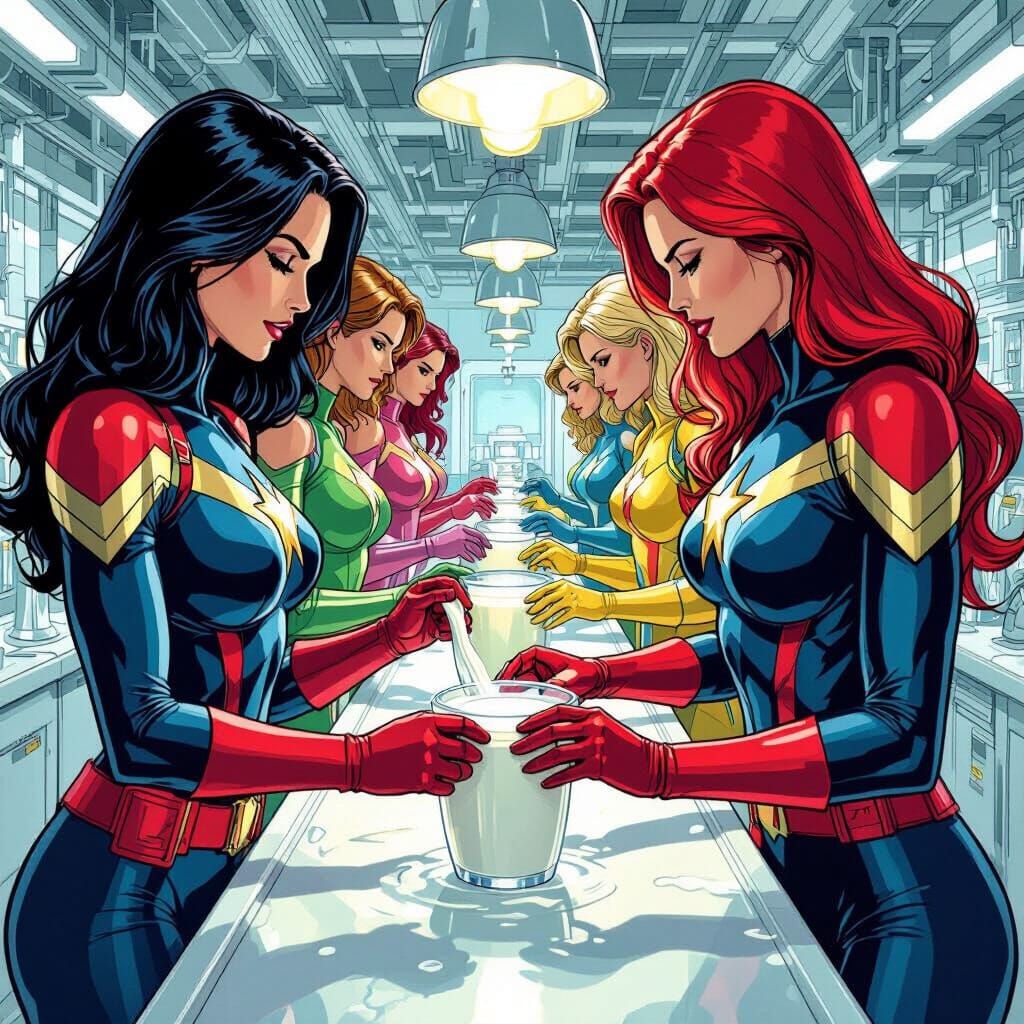 Marvel Heroines in Futuristic Milk Facility Comic Art