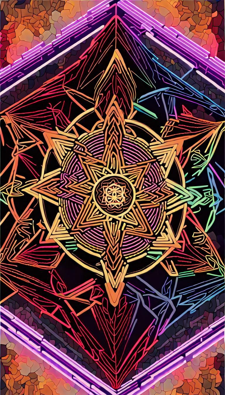 Sacred Geometric Mandala in Neon Art Deco Style