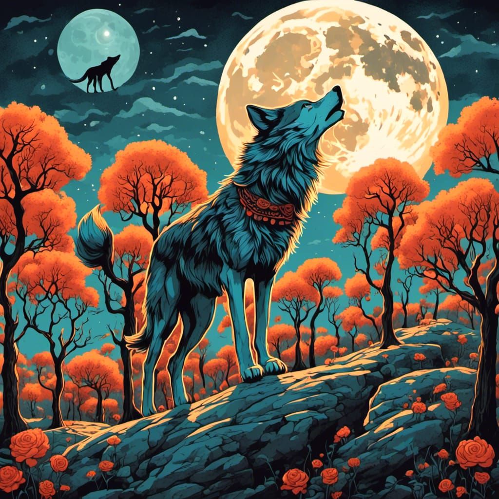 Wolf Howling at the Moon Lit Sky