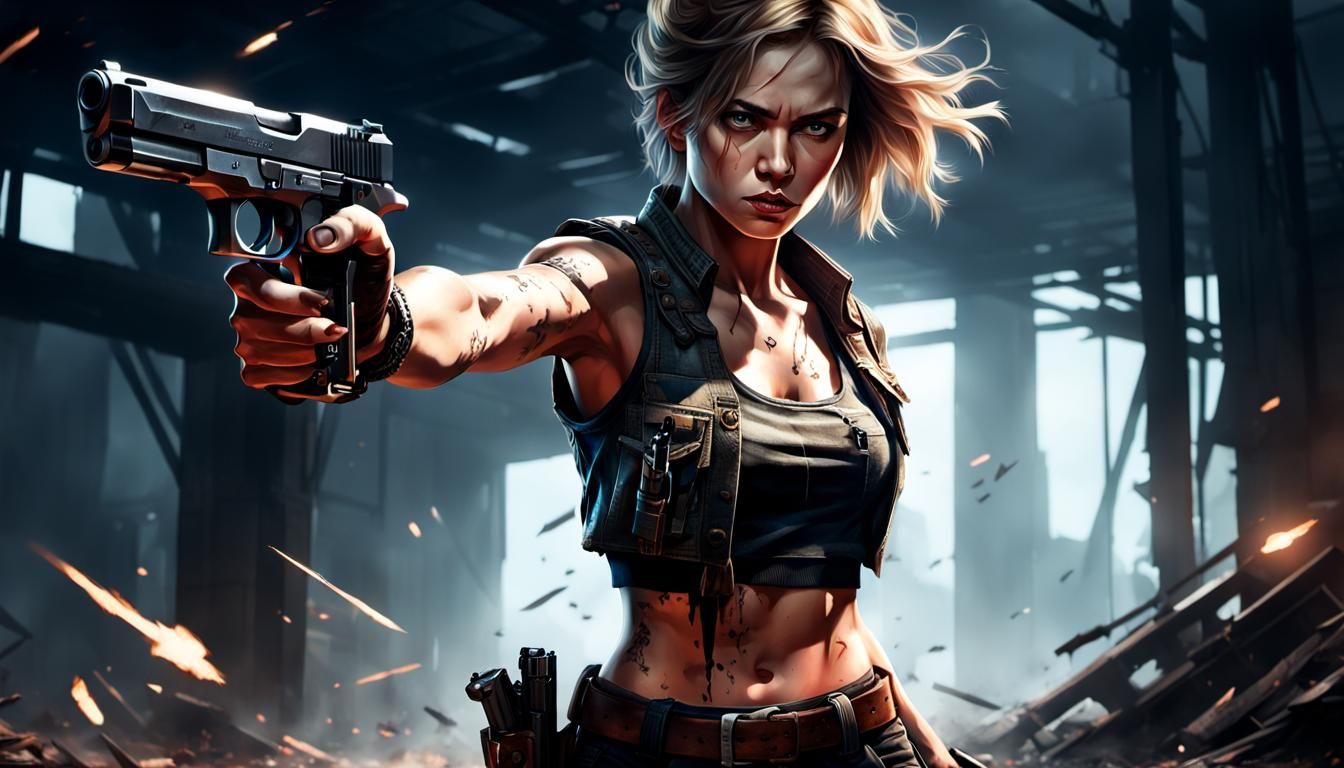 Cinematic Woman Warrior with Pistol