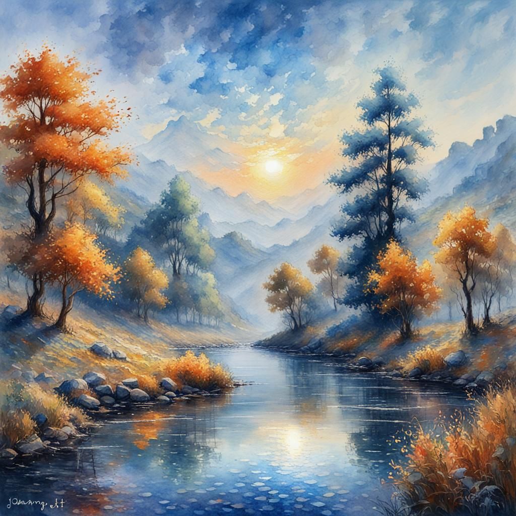 Dreamy Morning Landscape in Impressionist Watercolour Style