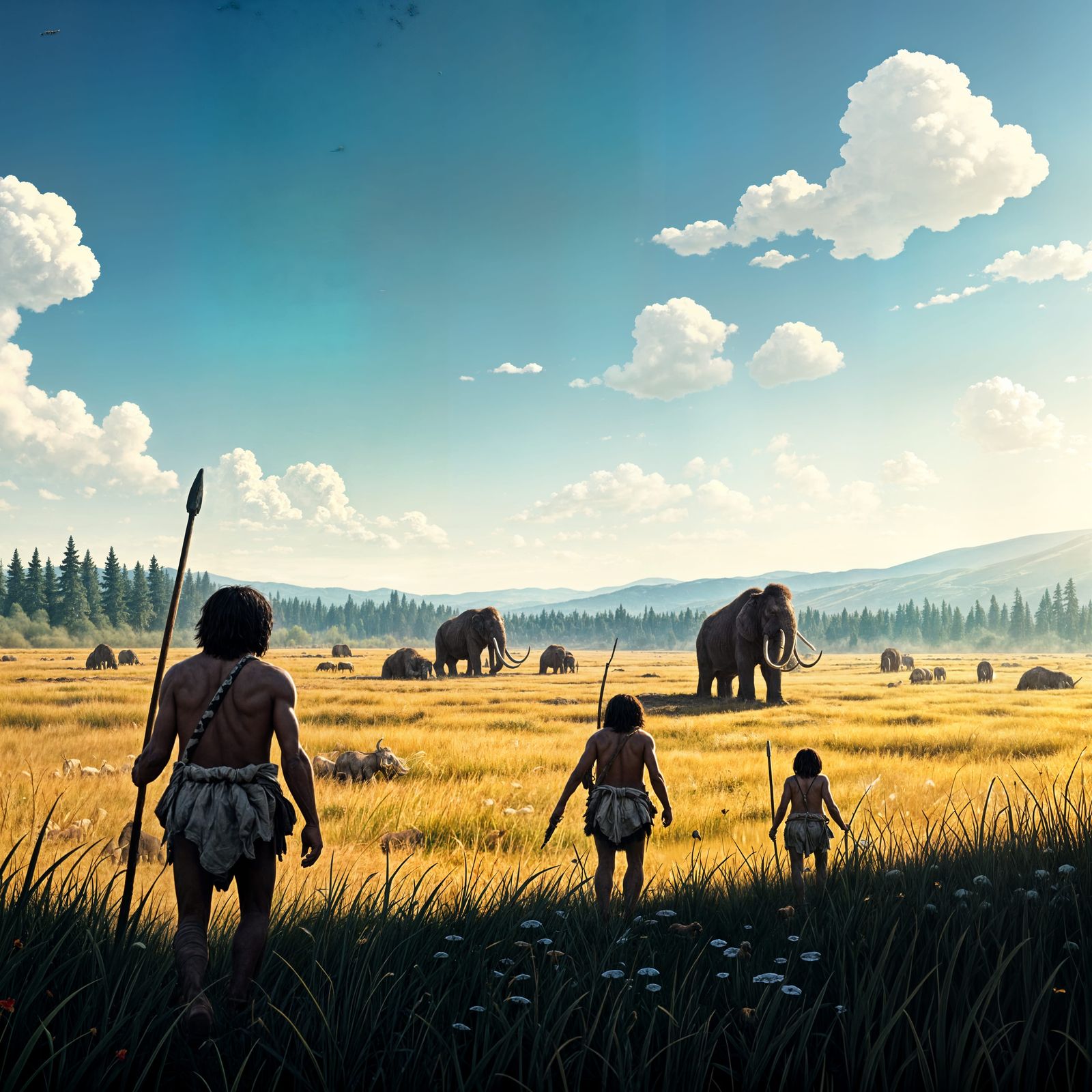 Early Man and Prehistoric Mammoths in a Distant Landscape