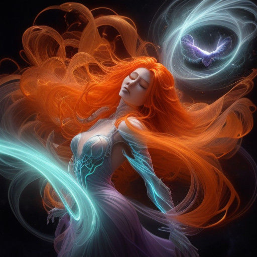 Surreal Fantasy Scene: Redhead Girl's Dark Energy Drain