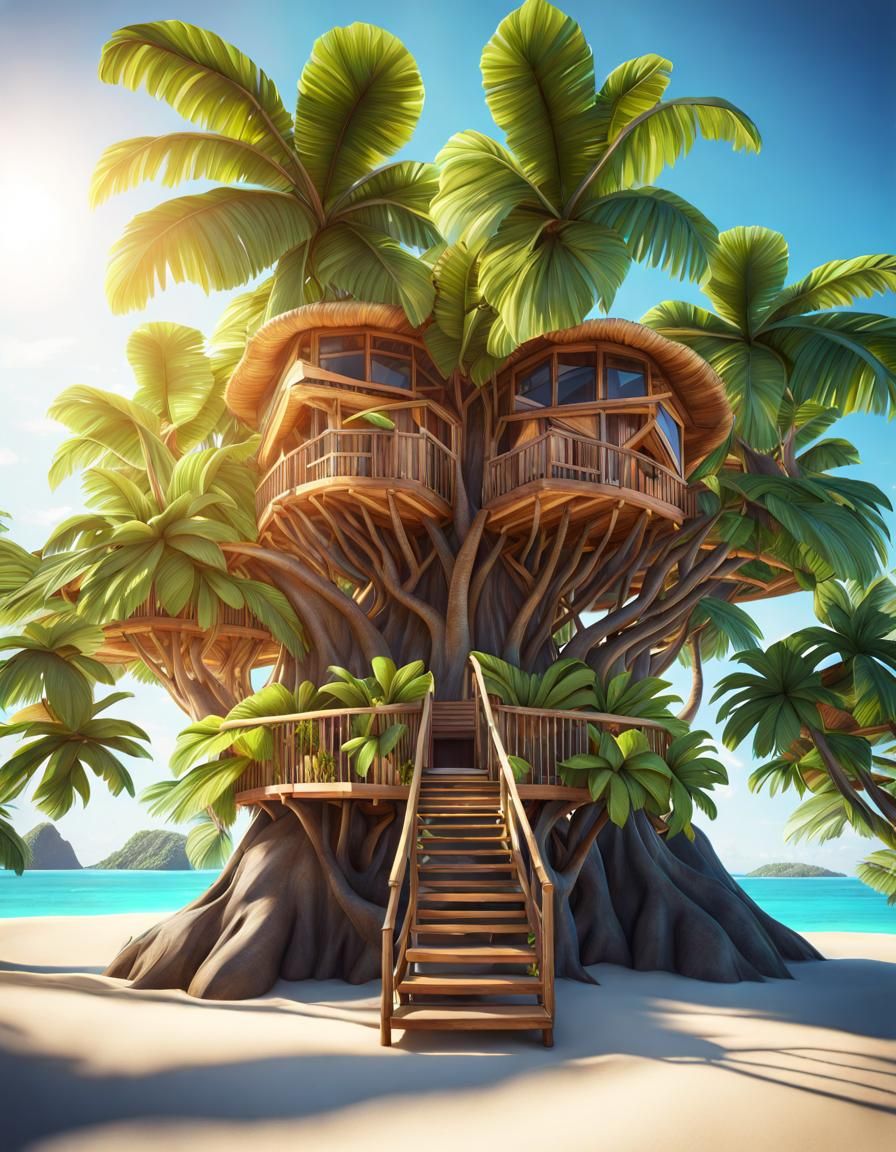 Tropical Island Oasis with Palm Tree Treehouse