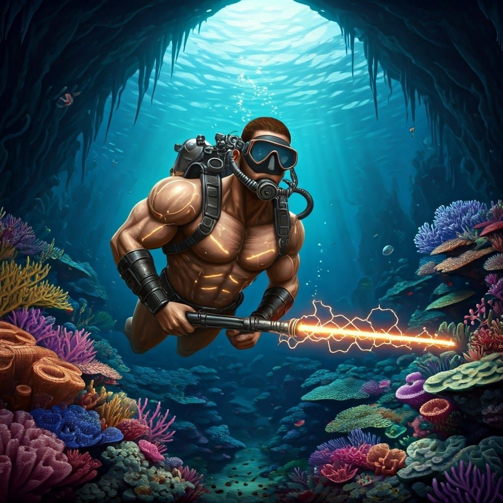 Biopunk Diver in Coral Reef Cave