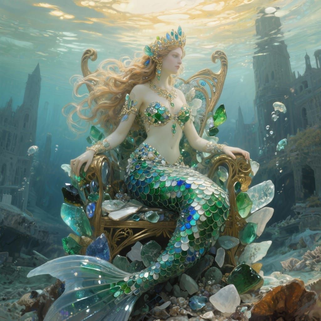 Regal Mermaid Sculpture Made of Sea Glass in Art Nouveau Sty...