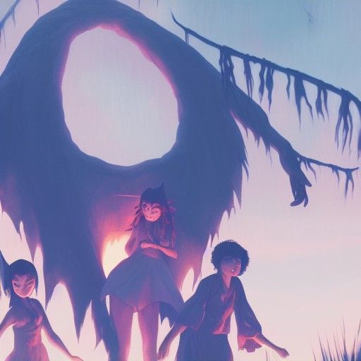 Witches Dance with Halloween Monster in Anime Style