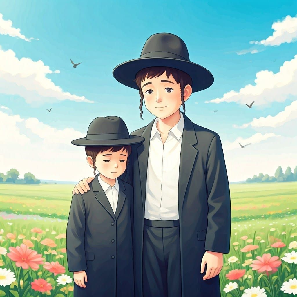 Ultra-Orthodox Boys Comforting Each Other in Watercolor Anim...