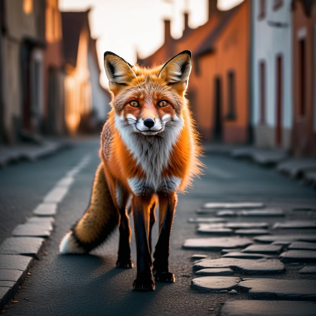 Fox in Deserted Town Street: Wildlife Photography